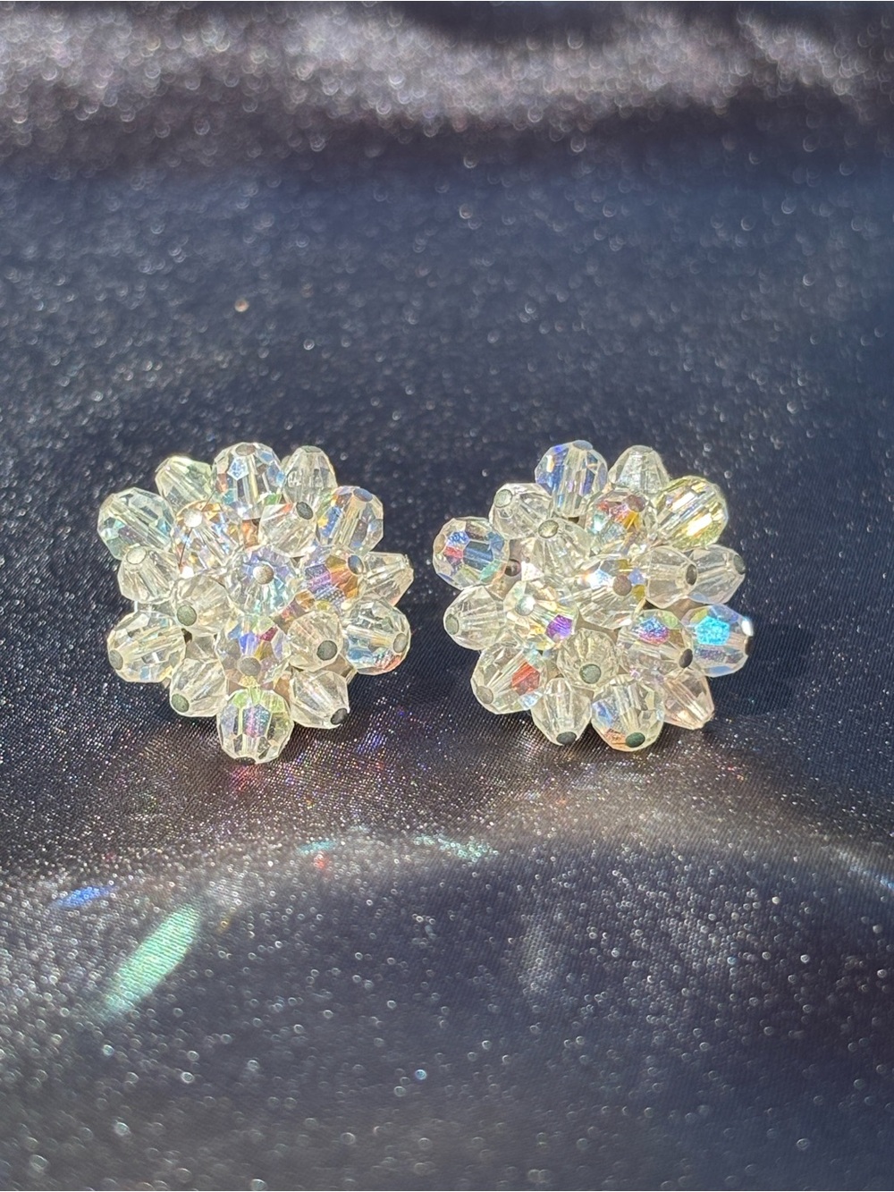 Vintage Aurora Borealis Crystal Bead Cluster Clip-On Earrings